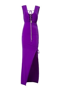 Paarse maxi-jurk met een diepe V-hals, vetersluiting aan de voorkant en een zijsplit. Gemaakt van een gladde stof, met een zilveren accent op de taille.