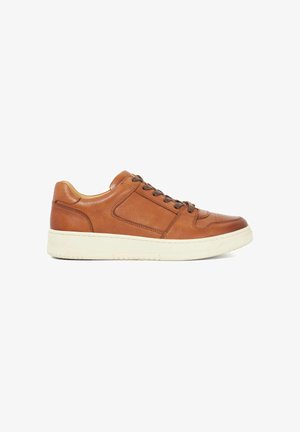 Brown leather sneaker with lace-up design, contrasting white rubber sole, and subtle stitching details on the side panels.