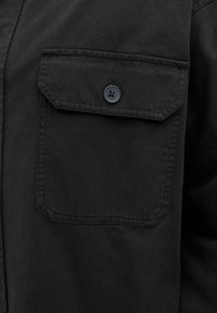 Black fabric pocket with a flap secured by a single black button on a black garment.