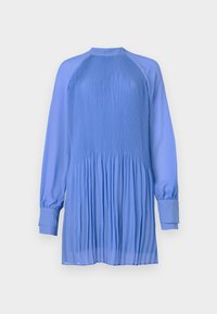 Pleated blue dress with long, puffed sleeves and a high neckline. Made of lightweight fabric, featuring a textured, vertical design.