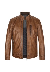 Braune Lederjacke mit hohem Kragen, Reißverschluss vorne, Brusttasche und gepolstertem Innenfutter. Glatte Textur und lässiges Design.