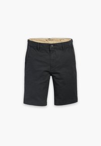 Shorts chino noirs avec une taille plate, deux poches latérales et des passants de ceinture. Fabriqués en coton, ils présentent une texture lisse et une coupe ajustée.