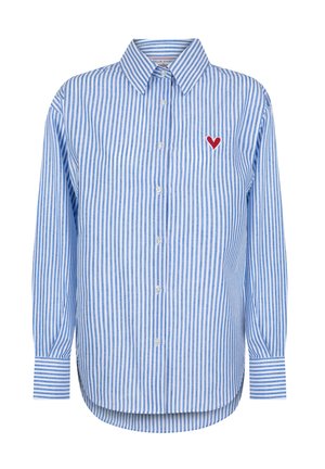 Blau-weiße gestreifte Button-up-Bluse mit klassischem Kragen, langen Ärmeln und einer roten Herzstickerei auf der linken Brust.