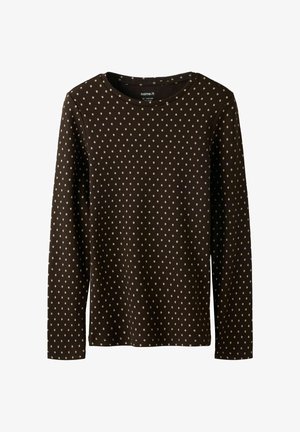 Braunes Langarmshirt aus Rippstoff mit einem wiederholten Polka-Dot-Muster in Hellbeige. Rundhalsausschnitt, mit normaler Passform.