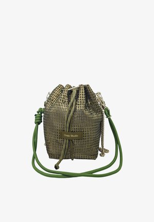 Petit sac vert à cordon avec motif quadrillé, étiquette « Craie Studio » et longues bandoulières vertes et chaîne.