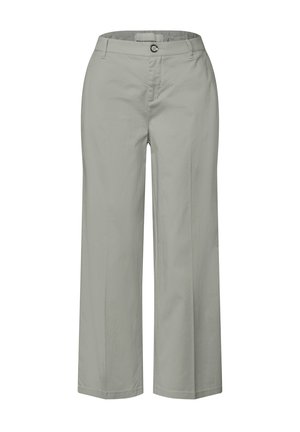 Light gray wide-leg trousers made of cotton fabric. Features a button closure, two front pockets, and a smooth texture.