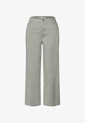 Helle graue weite Hosen aus Baumwollstoff. Verfügt über einen Knopfverschluss, zwei Fronttaschen und eine glatte Oberfläche.