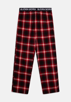 Red and black plaid pajama pants with a soft texture, featuring a black waistband with "BJÖRN BORG" branding. Shapes are loose and straight-cut.