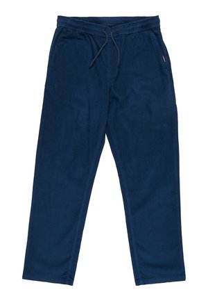 Pantaloni in corduroy blu navy con cintura elastica e cordoncino, dotati di tasche laterali e design a gamba affusolata.