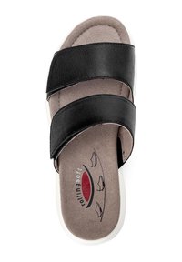 Zwarte leren slide sandalen met twee brede banden, zachte beige voetbed, witte gevoerde zool en rode logo-detail op de binnenzool.