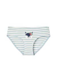 Gestreifte Unterwäsche in Hellblau und Weiß, mit einem Fuchs-Gesicht-Design und einem Blumenakzent am Bund. Aus weichem Baumwollstoff.