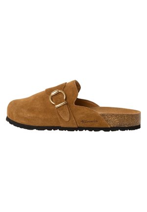 Brun ruskinds skydesandal med guldlås, korkindlæg, sort sål og "Tamaris"-branding på siden.