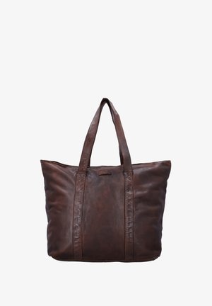 Dunkelbraune Ledertasche mit zwei langen Henkeln und einer weichen, leicht zerknitterten Textur auf weißem Hintergrund.