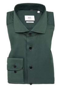 Camicia da uomo slim-fit di colore verde scuro con un motivo testurizzato, colletto a punta e bottoni neri. Presenta una tasca sul petto sinistro con pattina.
