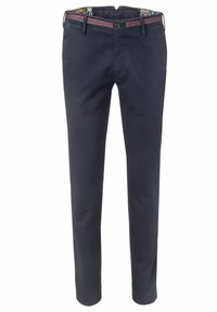 Marineblaue Baumwollhose mit geradem Schnitt, ausgestattet mit einem gemusterten Innenbund und einem einzelnen Knopfverschluss vorne.