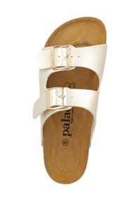 Sandal in pelle bianca con due fasce regolabili, un sottopiede in sughero e una suola testurizzata. Marchio visibile sul sottopiede.