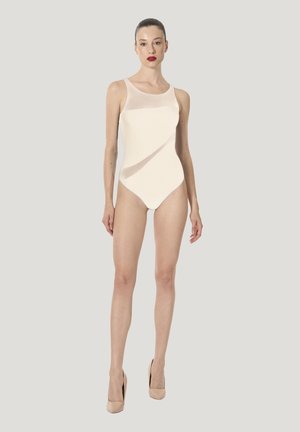 En hel baddräkt i krämfärg med en genomskinlig toppanel. Har en elegant skärning, mjuk textur och minimalistisk design.