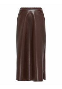 Jupe midi en simili cuir marron avec une taille élastique, présentant une texture lisse et une fente sur le côté pour plus de mobilité.