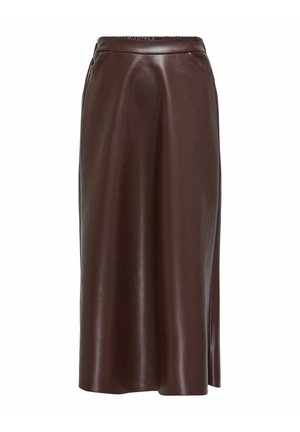 Gonna midi in finta pelle marrone con vita elastica, caratterizzata da una texture liscia e una spaccatura laterale per una maggiore libertà di movimento.