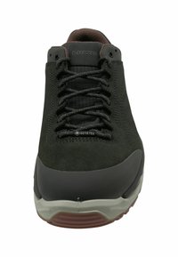 Black suede and mesh shoe with dark grey accents, featuring a rounded toe, lace-up front, and a textured rubber sole. GORE-TEX element visible.