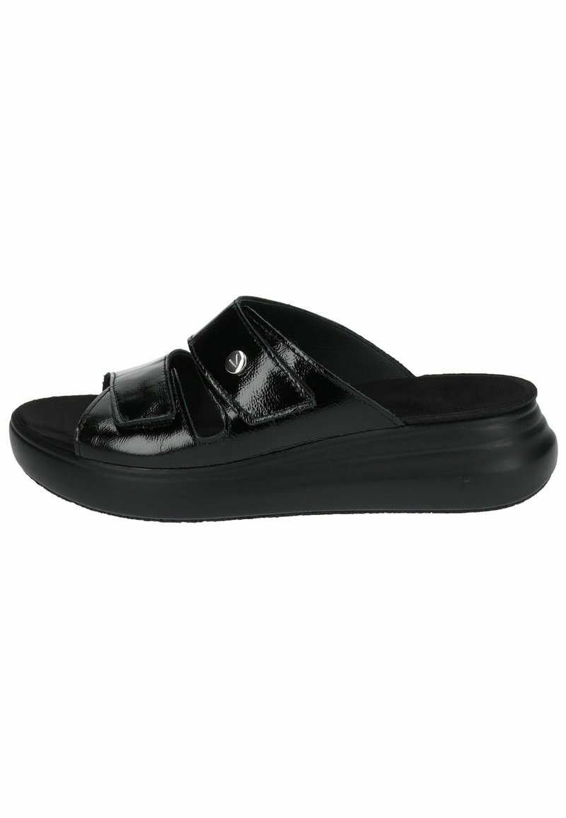 Sandali neri slip-on con parte superiore sintetica lucida e cinturini regolabili. Presentano una soletta imbottita e una suola nera spessa.