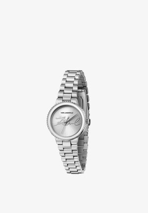 Orologio da polso Karl Lagerfeld in argento con cinturino a maglie metalliche e quadrante minimalista con nome del marchio e firma stilizzata.