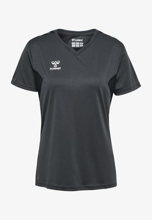Dunkelgraues Sporttrikot mit V-Ausschnitt, kurzen Ärmeln und aus leichtem Material. Es hat ein Logo auf der oberen linken Seite und seitliche Mesh-Einsätze.
