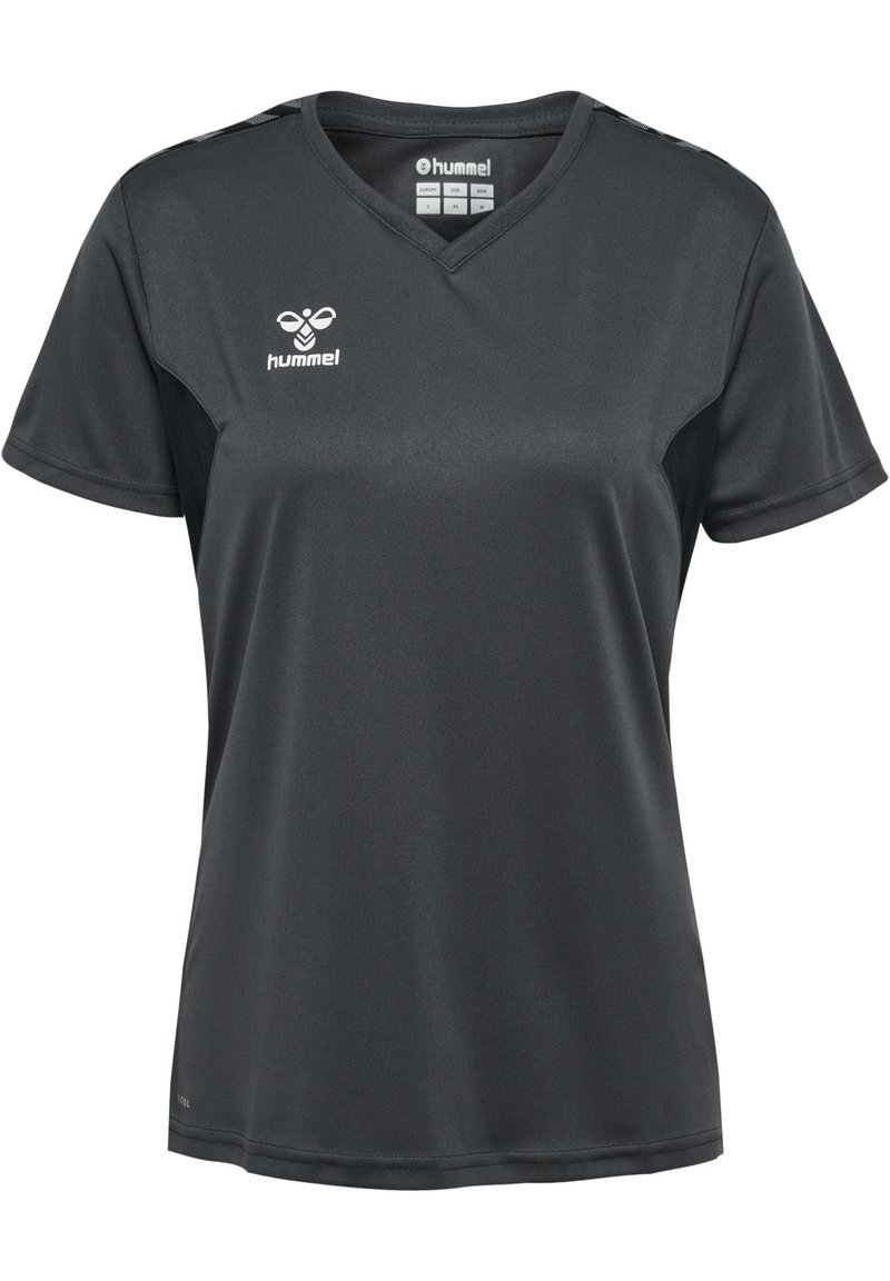 Mörkgrå sporttröja med V-ringning och korta ärmar, tillverkad av lättviktsmaterial. Har en logo på den övre vänstra sidan och sidopaneler av nät.