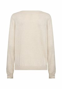 Maglione beige con scollatura rotonda ampia, maniche lunghe, polsini e orlo a coste, realizzato in un tessuto morbido e textured.