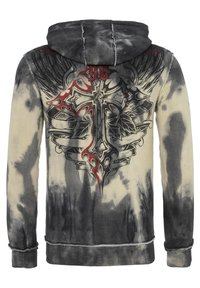 Grijze en beige tie-dye sweater met capuchon. Voorzien van een groot grafisch ontwerp met vleugels en versieringen in zwart en rood. Met onafgewerkte zoomaccenten.