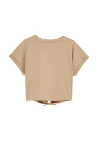 Beige zkrácený tričko s krátkými ohrnutými rukávy, kulatým výstřihem a zavázaným detailem vzadu. Vyrobeno z měkkého bavlněného materiálu.