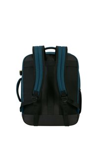 Zaino con una combinazione di colori turchese e nero, con spallacci imbottiti, pannelli in rete e molteplici scomparti per lo stoccaggio. Hardware con fibbie regolabili.