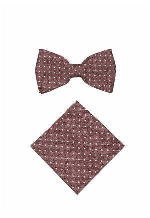 Nœud papillon marron et pochette assortie avec des points blancs et un motif flèche sur fond blanc.