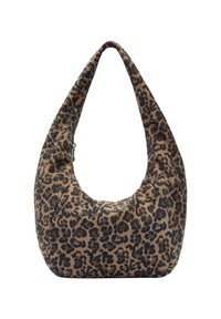 Hobo tas met luipaardprint, van een zachte, pluche textuur, met een brede, gebogen handgreep en een ritsvak voor veilige opslag. Bruin en zwart kleurenschema.