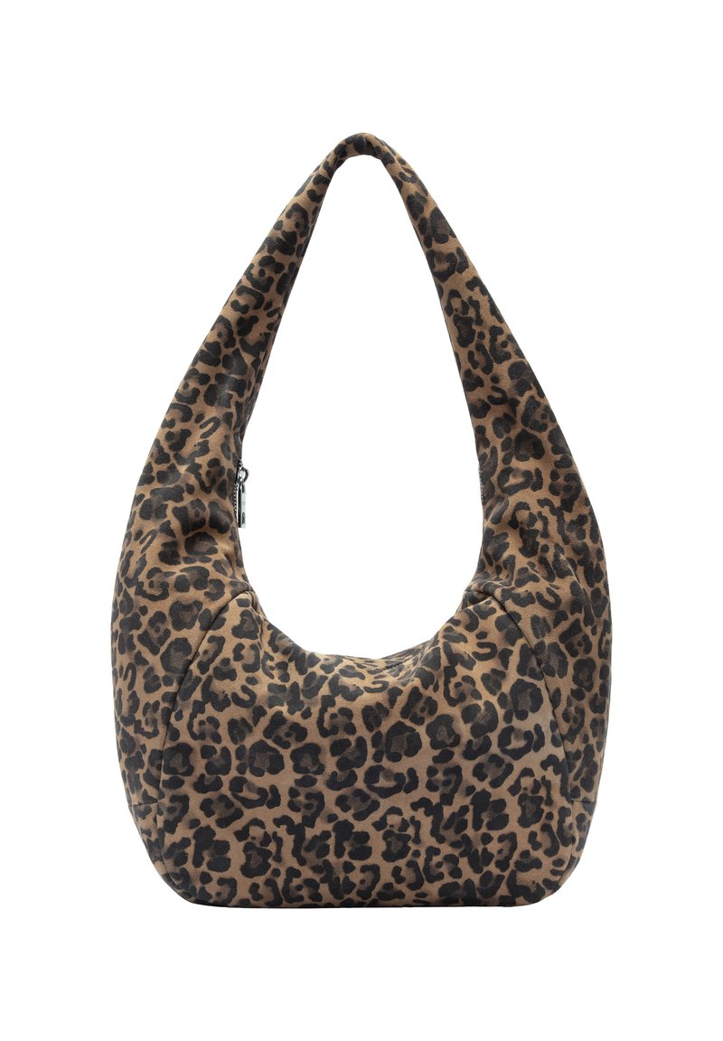 Hobo tas met luipaardprint, van een zachte, pluche textuur, met een brede, gebogen handgreep en een ritsvak voor veilige opslag. Bruin en zwart kleurenschema.