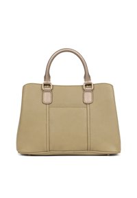 Borsa a tracolla in pelle beige con superficie testurizzata, due manici superiori e accessori in tono oro. Caratterizzata da una tasca frontale per ulteriore spazio di archiviazione.