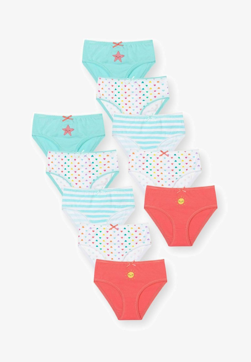 Sæt med 10 børneunderbukser i forskellige farver: mintgrøn, pink og hvid med mønstre af hjerter og striber; inkluderer dekorative sløjfer.