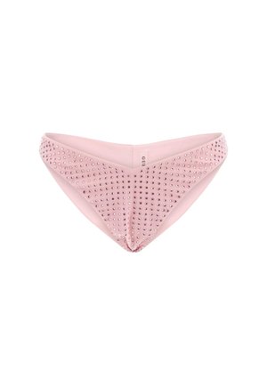 Pink bikini bottom made of smooth fabric, embellished with silver studs across the front, featuring a v-shaped design and seamless edges.