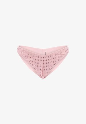 Bas de bikini rose en tissu lisse, orné de clous en argent sur le devant, présentant un design en V et des bords sans couture.