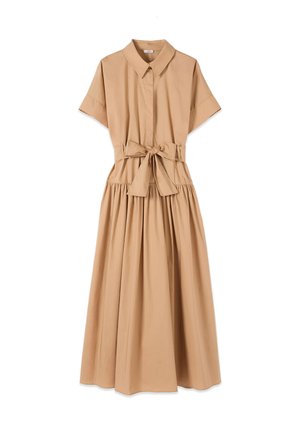 Beige midi-jurk met korte mouwen, een kraag, verborgen knopen aan de voorkant, een geplooide rok en een gestrikte tailleband.