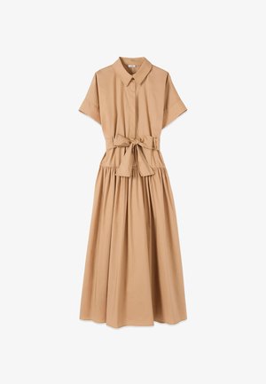 Beige midi-jurk met korte mouwen, een kraag, verborgen knopen aan de voorkant, een geplooide rok en een gestrikte tailleband.