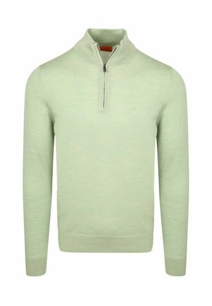 Lichtgroene trui met lange mouwen, hoge kraag en halve ritssluiting, met geribbelde manchetten en zoom, effen gebreide textuur.