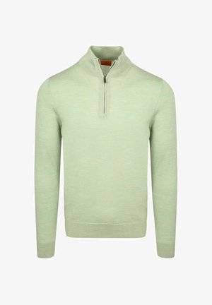 Lichtgroene trui met lange mouwen, hoge kraag en halve ritssluiting, met geribbelde manchetten en zoom, effen gebreide textuur.