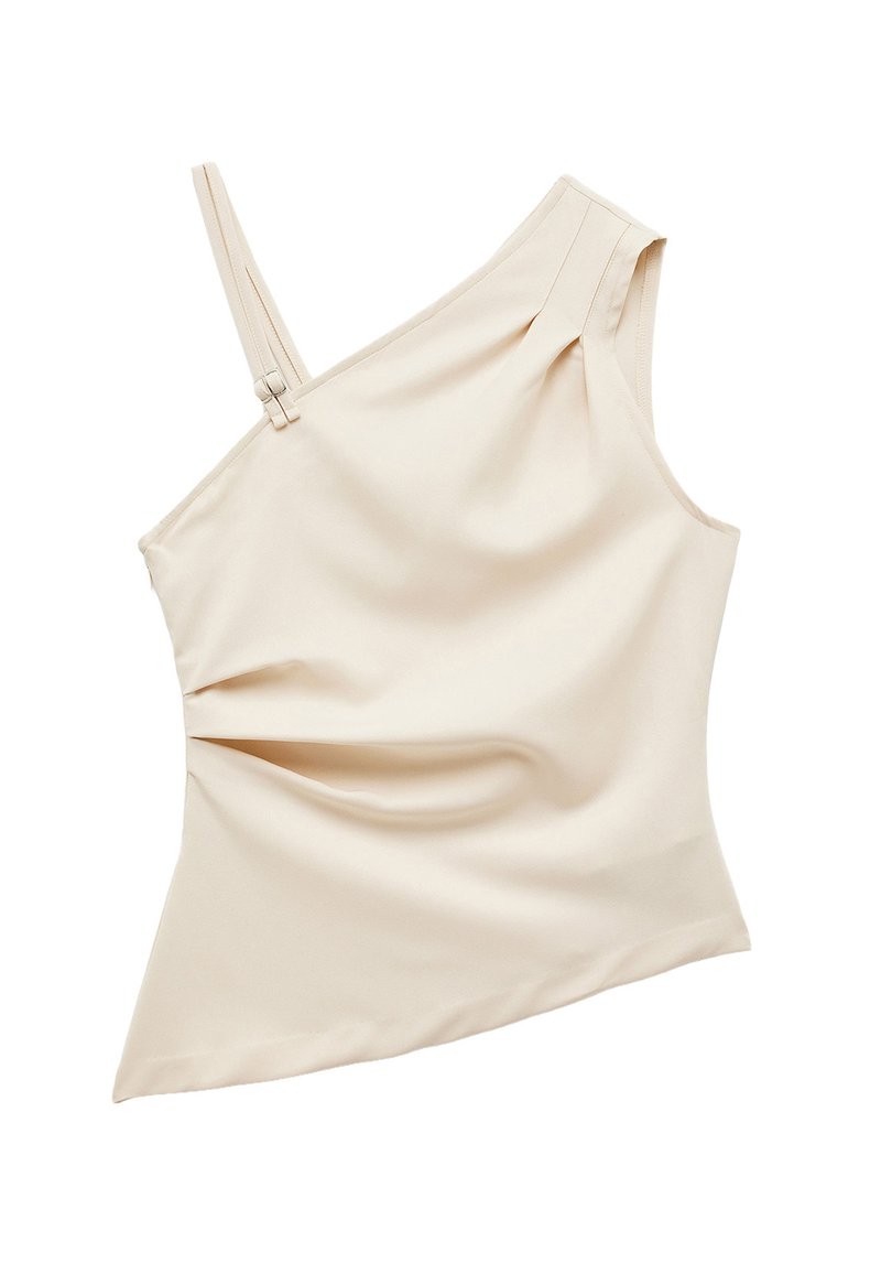 Beige one-shoulder top met een aansluitende silhouet, plooitextuur, verstelbare band en een nette zoom. Het gladde stof lijkt lichtgewicht.