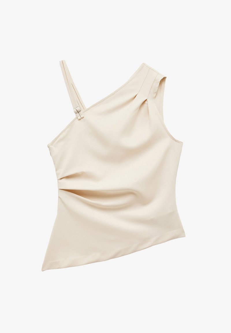 Beige one-shoulder top met een aansluitende silhouet, plooitextuur, verstelbare band en een nette zoom. Het gladde stof lijkt lichtgewicht.
