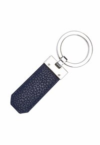 Tamsiai mėlynas odinis raktų pakabukas su tekstūruotu paviršiumi, turintis sidabrinę metalinę žiedą ir stačiakampį prikabinamą elementą su poliruotais detalėmis.