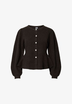 Tumepruun soonikkoes kardigan pikkade puffsiset varrukatega, ümara kaelusega, peplumi taljega ja valgete nuppudega, mis asuvad keskel ees sulgemiseks.