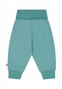 Türkise, taillierte Hose aus weichem Stoff, mit einem gerippten Bund und Bündchen, und einem kleinen, mehrfarbigen Etikett an der Seite.