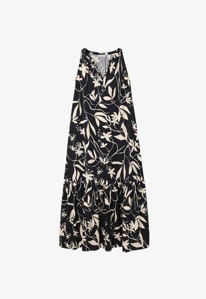 CVJETNA LJETNA HALJINA u tamnoplavoj i krem boji, s bezrukavim dizajnom, V-izrezom i volanima na donjem rubu. Izrađena je od lagane tkanine koja stvara lepršavi siluet.