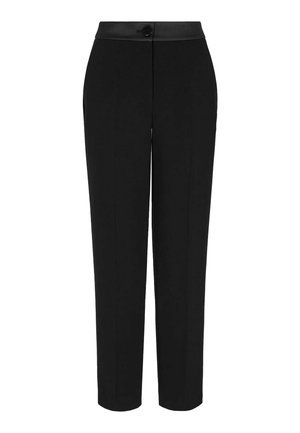 Pantaloni neri a sigaretta con una texture liscia, dotati di una vita in finta pelle, chiusura frontale con bottone e due tasche laterali.